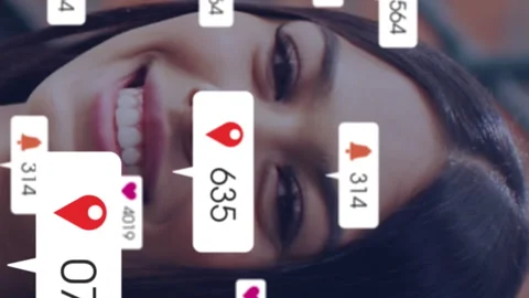 Animation of changing numbers, icons in notification bars, portrait of smiling 動画素材 313459080