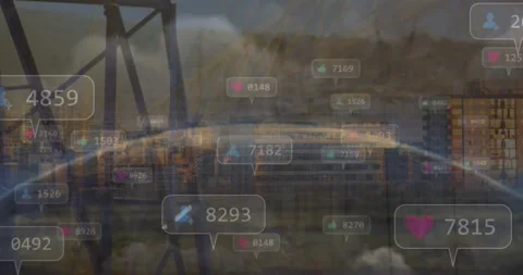 Animation of changing numbers, icons in speech bubble with buildings, Stock Footage 327124618