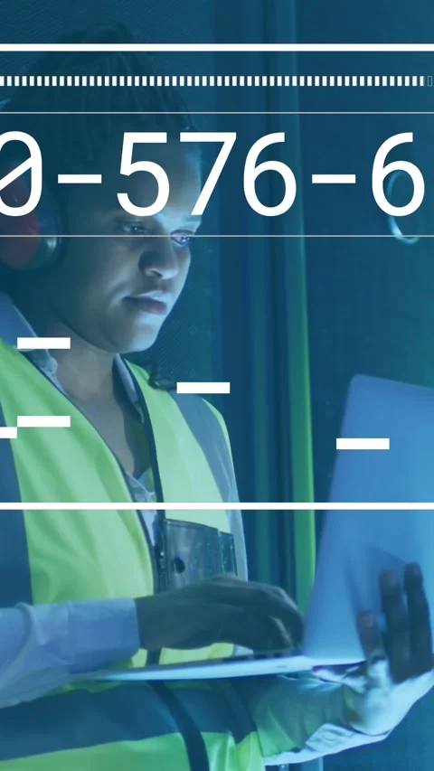 Animation of changing numbers, lines, african american female engineer checking Video stock 320983110