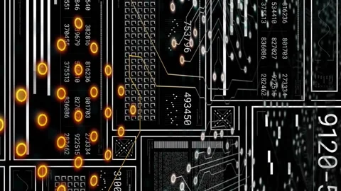 Animation of changing numbers, loading bars, squares and circles over circuit Stock Footage 313186223