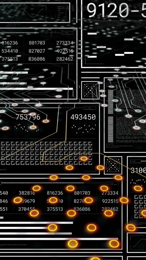 Animation of changing numbers, loading bars, squares and circles over circuit Stock Footage 321172069