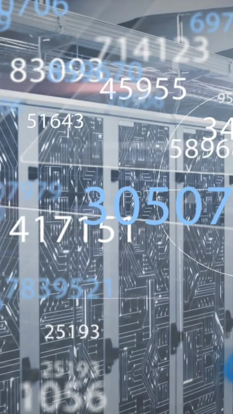 Animation of changing numbers, mathematical diagrams over server room in Stock Footage 344745828