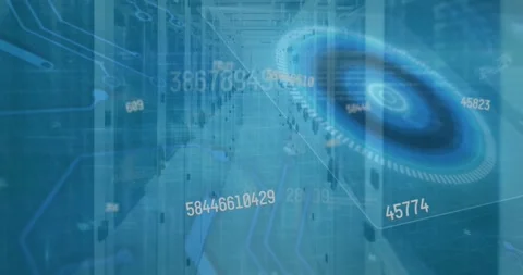 Animation of changing numbers, microprocessor connections over round scanner 库存影片 327644427