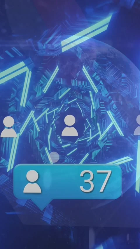 Animation of changing numbers in notification bar, profile icons over triangular Stock Footage 320811669