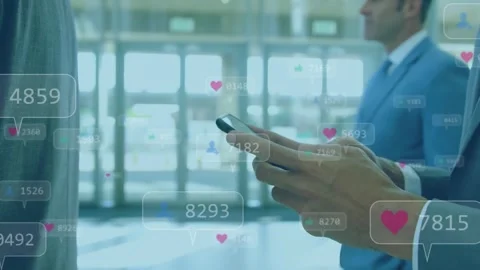 Animation of changing numbers in notification bars and heart emojis, caucasian Видео 253430019