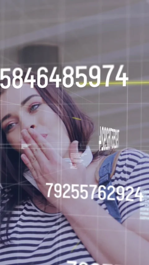 Animation of changing numbers over caucasian woman having a video call on Vídeo Stock 321440977