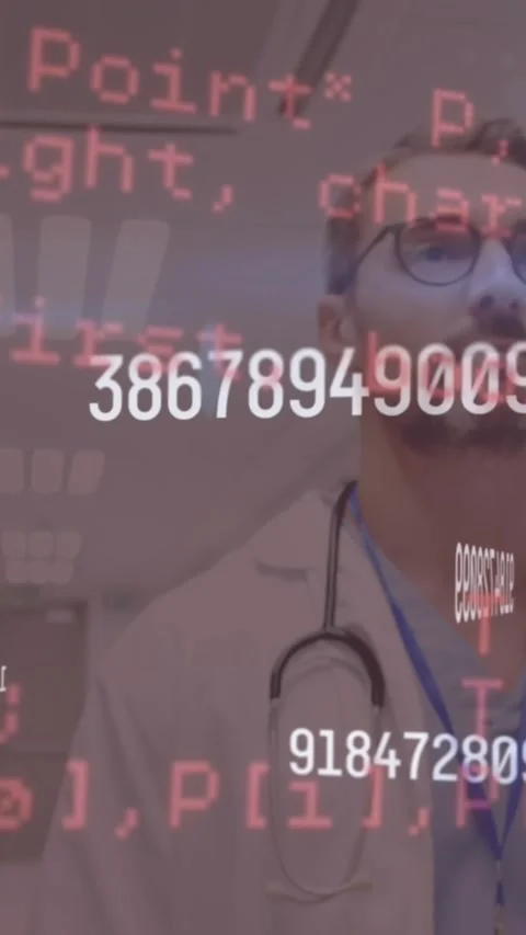 Animation of changing numbers over computer language over caucasian doctor Stock Footage 344557485