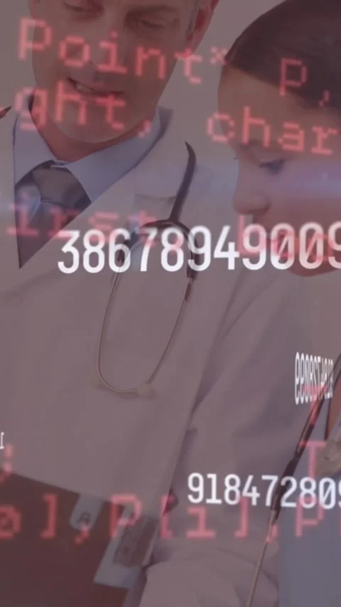 Animation of changing numbers over computer language against diverse doctors Stock Footage 344557489