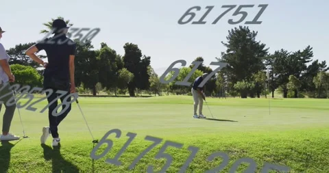 Animation of changing numbers over diverse golf player watching competitor Stock Footage 326034697