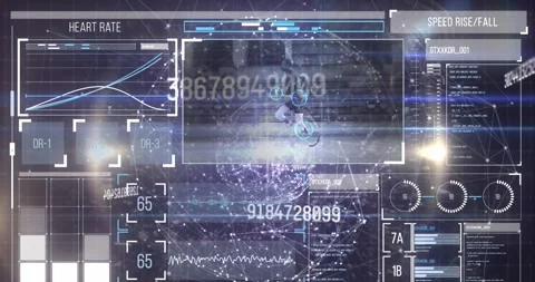 Animation of changing numbers over graphs, loading circles against dots forming Stock Footage 245331199