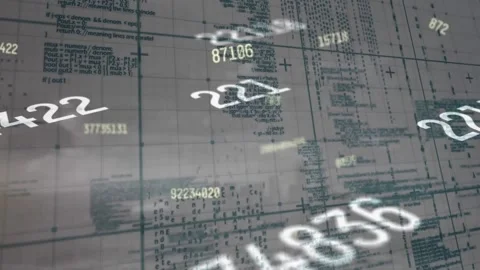 Animation of changing numbers over grid pattern against computer language Stock Footage 235488015