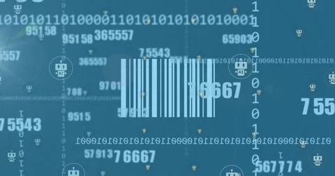 Animation of changing numbers over icons and qr code against binary codes on Video stock 330776480