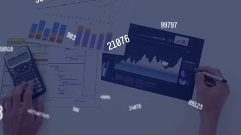 Animation of changing numbers over mid section of a man with documents using Stock Footage 330407278