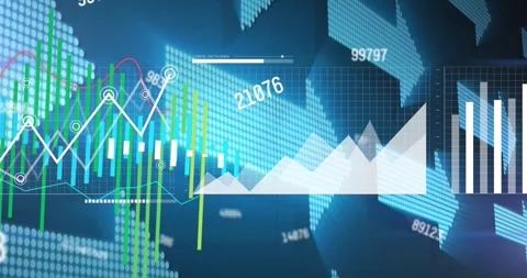 Animation of changing numbers over multiple graphs against illuminated arrows in Stock Footage 330659625