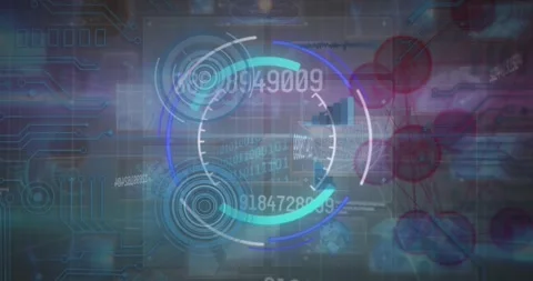 Animation of changing numbers over neon round scanner against microprocessor Vidéo 329858514