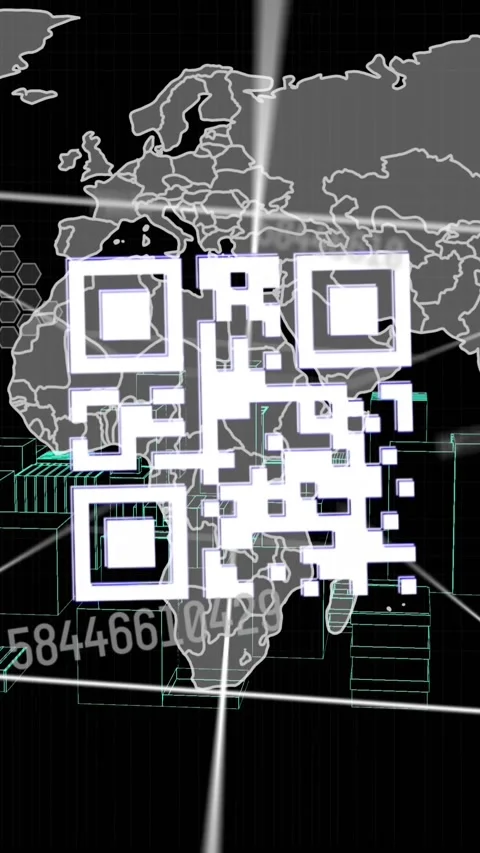Animation of changing numbers over qr code and world map against spinning 3d 库存影片 344745558