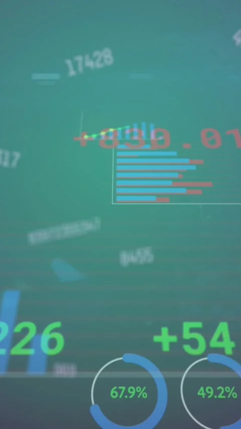 Animation of changing numbers, statistical, stock market data processing on blue Stock Footage 344745946