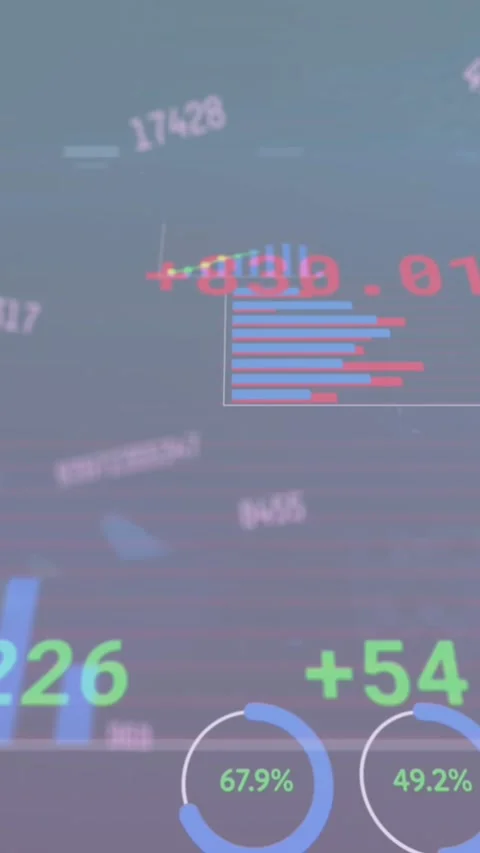 Animation of changing numbers, statistical, stock market data processing on blue Stock Footage 344783550