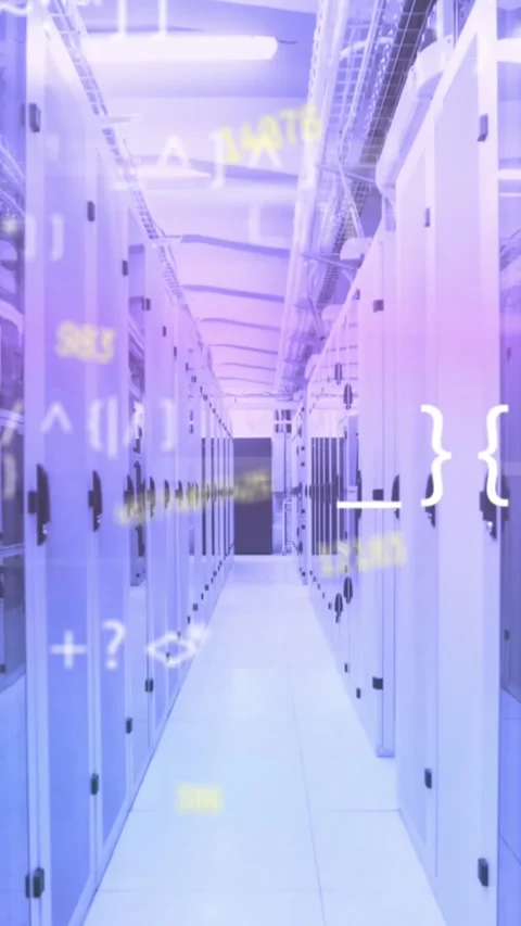Animation of changing numbers, symbols over lens flares against server room in Stock Footage 344783450