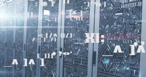 Animation of changing symbols, light spot and microprocessor connections over Vídeo Stock 329031616