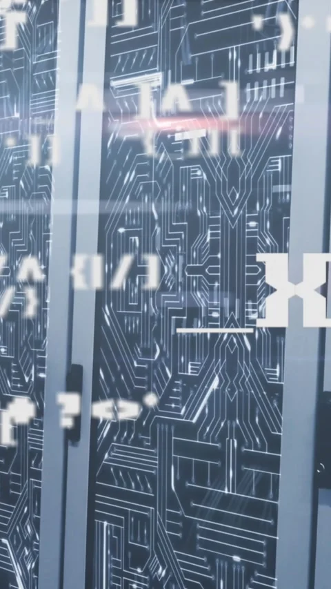 Animation of changing symbols, light spot and microprocessor connections over Vídeo Stock 342915332