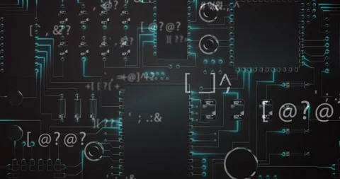Animation of changing symbols over circuit board in seamless pattern against Stock Footage 328936788