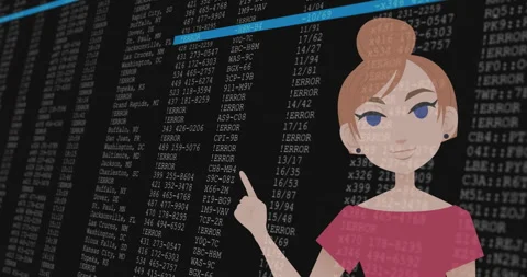 Animation of character pointing at school data screen with error messages Stock Footage 304766084