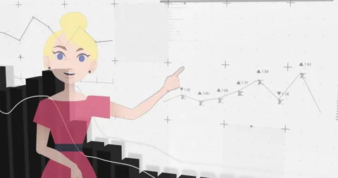 Animation of character presenting data charts on digital screen in school 動画素材 304764687