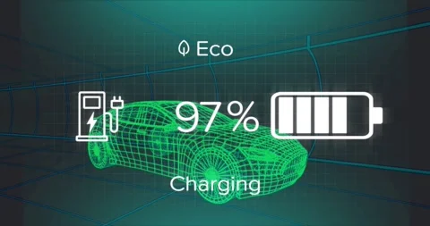 Animation of charge status data on electric vehicle interface, over 3d car model Stock Footage 328095599