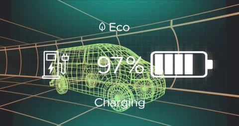 Animation of charge status data on electric vehicle interface, over 3d van model Stock Footage 328522779