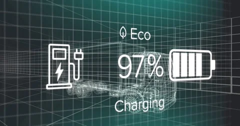 Animation of charge status data on electric vehicle interface, over 3d truck Stock Footage 330727968