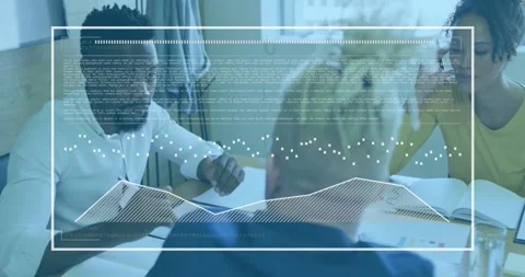 Animation of chart processing data over happy diverse colleagues talking at Stock Footage 330254982