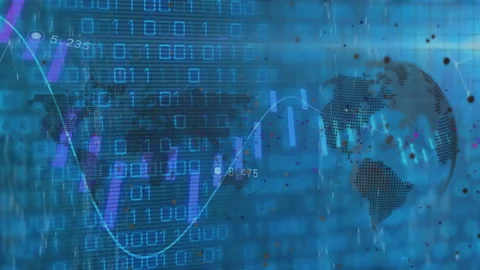 Animation of charts and binary data processing with globe and world map on blue Stock Footage 266379934