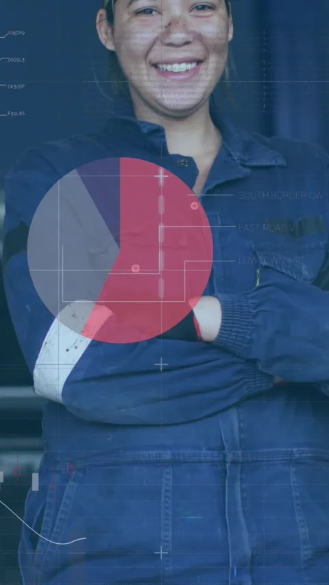 Animation of charts and data processing over smiling female car mechanic in Stock Footage 324557696