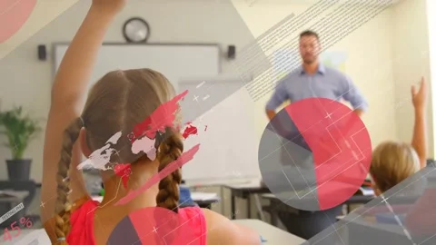 Animation of charts and data processing over diverse male teacher and children Stock Footage 329850725