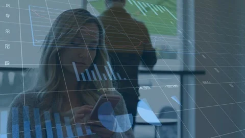 Animation of charts and graph on grid pattern over caucasian young woman using Stock Footage 329367886