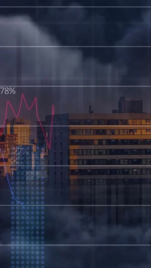 Animation of charts and graphs processing data over clouds and cityscape Stock Footage 343548097