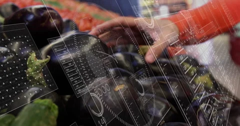 Animation of charts and processing data over biracial woman selecting vegetable Stock Footage 268068785
