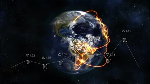 Animation of charts processing data over globe with glowing orange network in Stock Footage 265622544