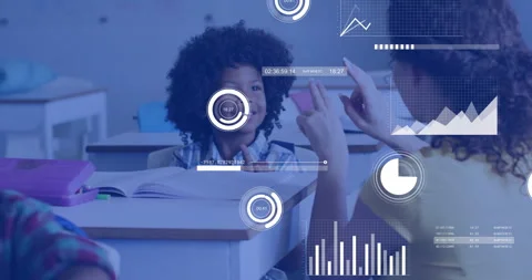 Animation of charts processing data over diverse female teacher and schoolboy Stock Footage 268068419