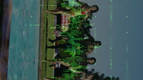 Animation of charts processing data over diverse friends jumping into sunny Stock Footage 312717441