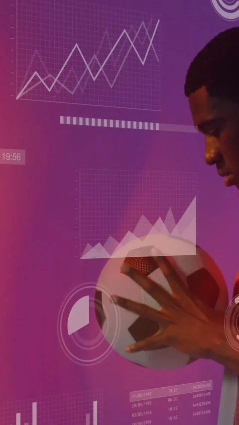 Animation of charts processing data over african american male footballer Stock Footage 320513026