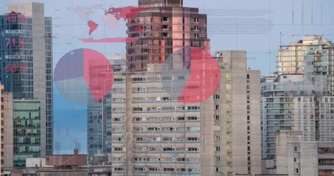 Animation of charts processing data over sunny modern cityscape Stock Footage 328087839