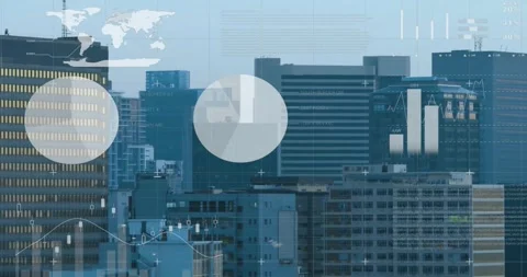 Animation of charts processing data over modern cityscape Stock Footage 328411198
