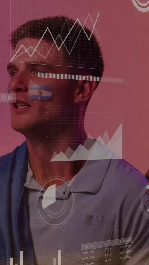 Animation of charts processing data over diverse male football fans with french Stock Footage 342812520