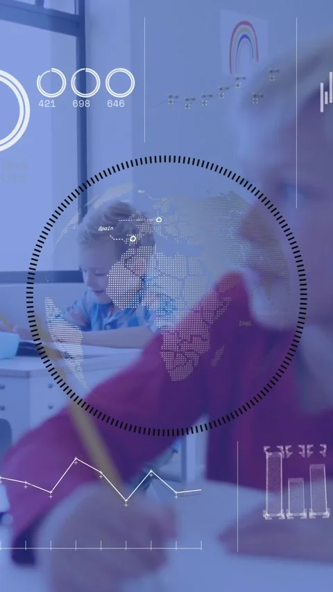 Animation of charts processing data over caucasian schoolboy writing at desk in Stock Footage 343504473