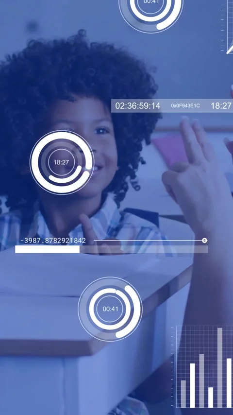 Animation of charts processing data over diverse female teacher and schoolboy Stock Footage 343504474