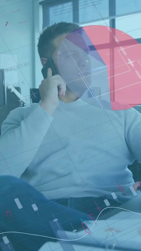 Animation of charts processing data over caucasian casual businessman on phone Stock Footage 343901915