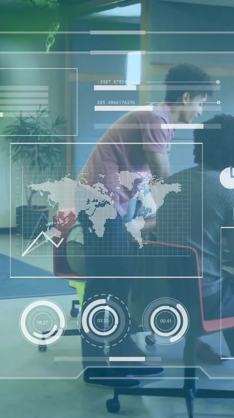 Animation of charts processing data over diverse architects discussing model Stock Footage 343954725