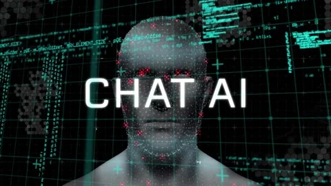 Animation of chat ai text, computer language and human representation over black Stock Footage 257103458